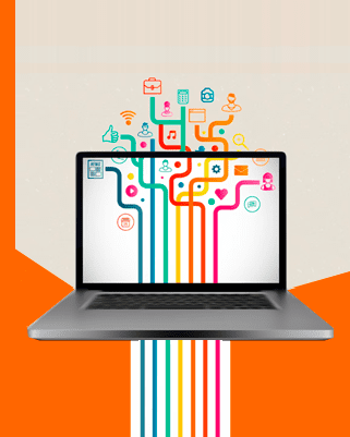 Imagem vetorizada de um laptop e figuras relacionadas a conteúdo digital - criação de sites para instituições educacionais