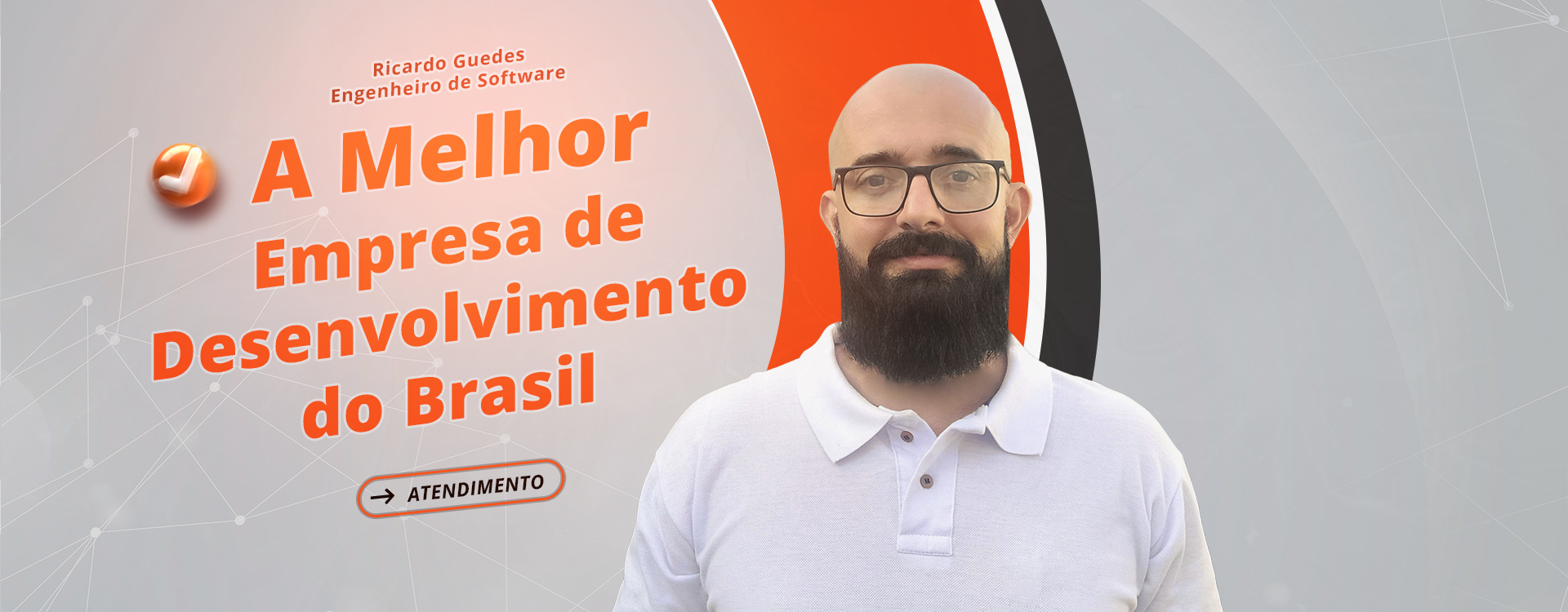 Banner promocional com um homem barbudo à esquerda sobre fundo laranja, acompanhado de texto que anuncia serviços de criação de sites e aplicações web.