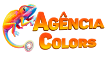 Logotipo da Agência Colors com design colorido e um camaleão ao lado