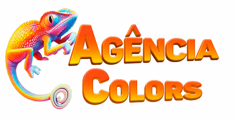 Logotipo da Agência Colors com design colorido e um camaleão ao lado