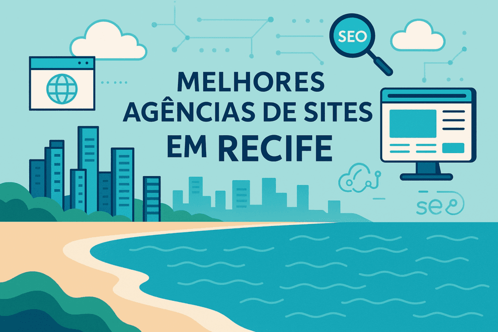 Ilustração digital de Recife com ícones de SEO e desenvolvimento web destacando as melhores agências de sites na cidade