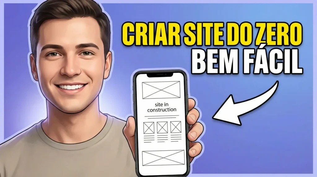 Ilustração de pessoa segurando celular com wireframe de site em construção e texto “Criar site do zero bem fácil”