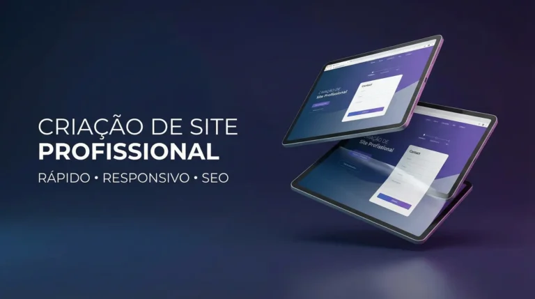 Tablets flutuantes exibindo layout responsivo ilustrando o serviço de criação de site profissional, rápido e com SEO.