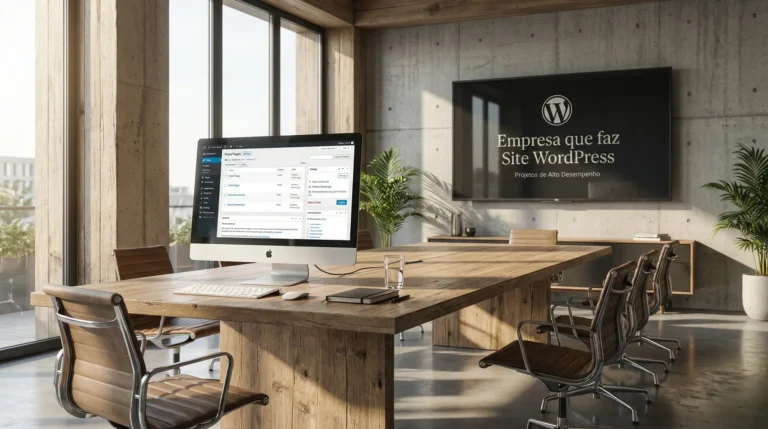 Sala de conferência moderna com computador exibindo o painel do WordPress (wp-admin) e tela com “Empresa que faz Site WordPress”.