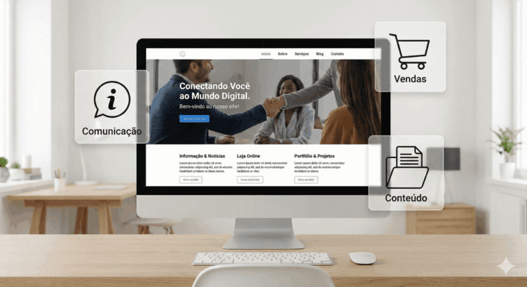 Monitor desktop exibindo um layout de site profissional com ícones de funcionalidades (loja, informações, nuvem), ilustrando o conceito e a estrutura de uma página web moderna.