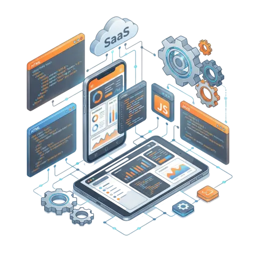 Ilustração isométrica de tecnologia exibindo desenvolvimento de sistemas web, plataformas SaaS e aplicativos mobile Android e iOS com códigos e integração em nuvem.