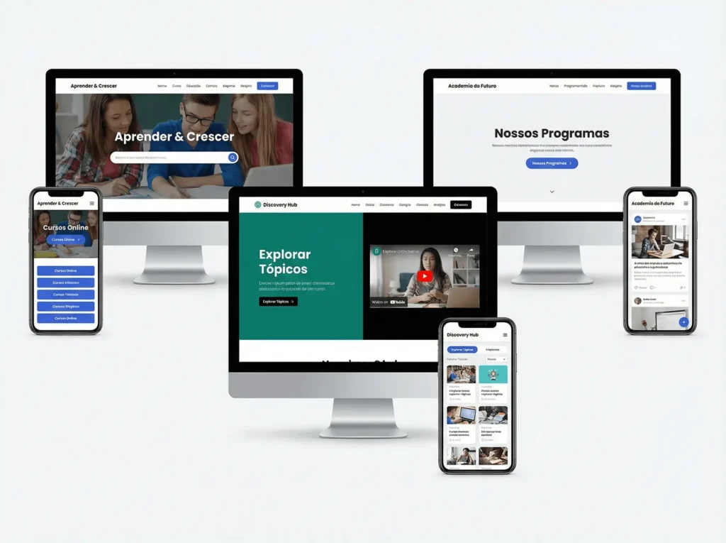 Montagem com exemplos de sites educacionais desenvolvidos pela Agência Colors.