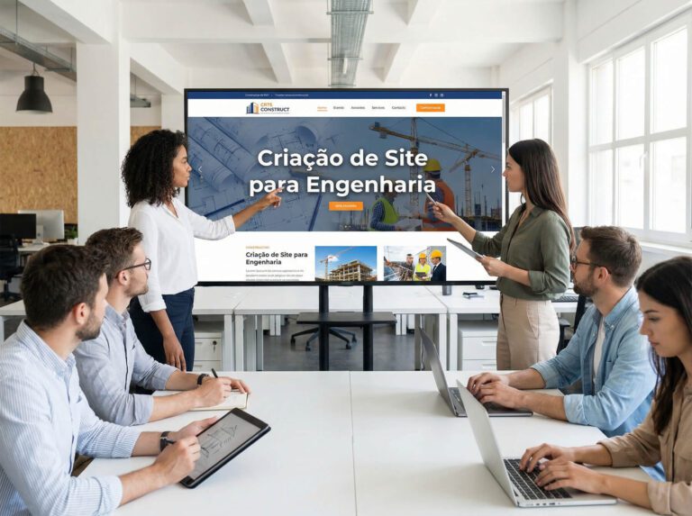 Equipe de engenheiros reunidos em escritório planejando a criação de site para empresa de engenharia no computador