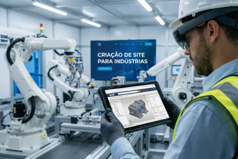 Engenheiro em chão de fábrica automatizado acessando uma plataforma de criação de site para indústria em um tablet robusto. A tela exibe um catálogo técnico com visualização de peças em 3D e especificações para compras B2B.