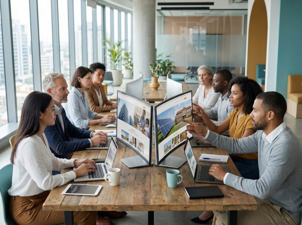 Profissionais em escritório moderno trabalhando na criação de site para negócios em seus computadores