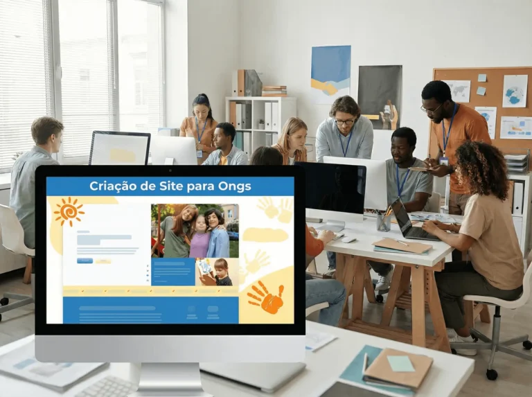 Equipe em reunião planejando a criação de site para ONGs e instituições