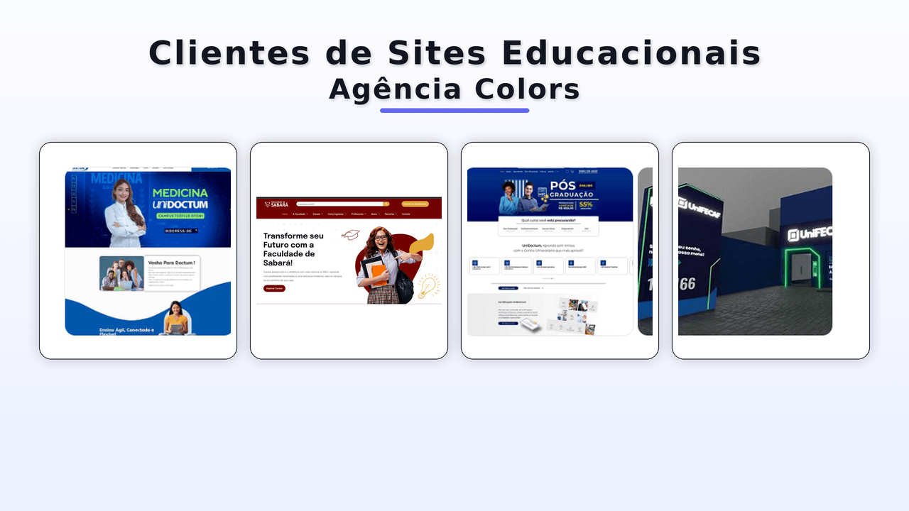 Clientes de Sites Educacionais — Agência Colors Montagem com exemplos de sites educacionais desenvolvidos pela Agência Colors.