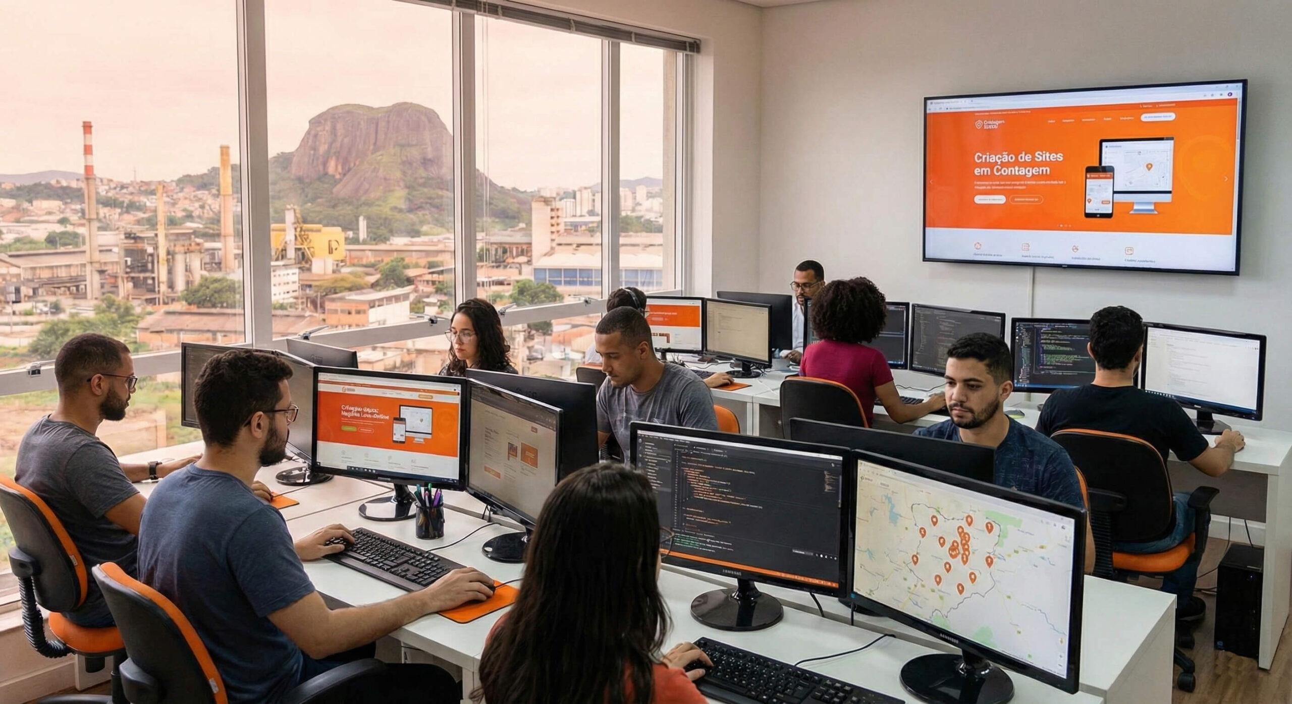 Escritório de agência digital moderno com equipe trabalhando, telas exibindo o texto Criação de Sites em Contagem e paleta de cores laranja e cinza.