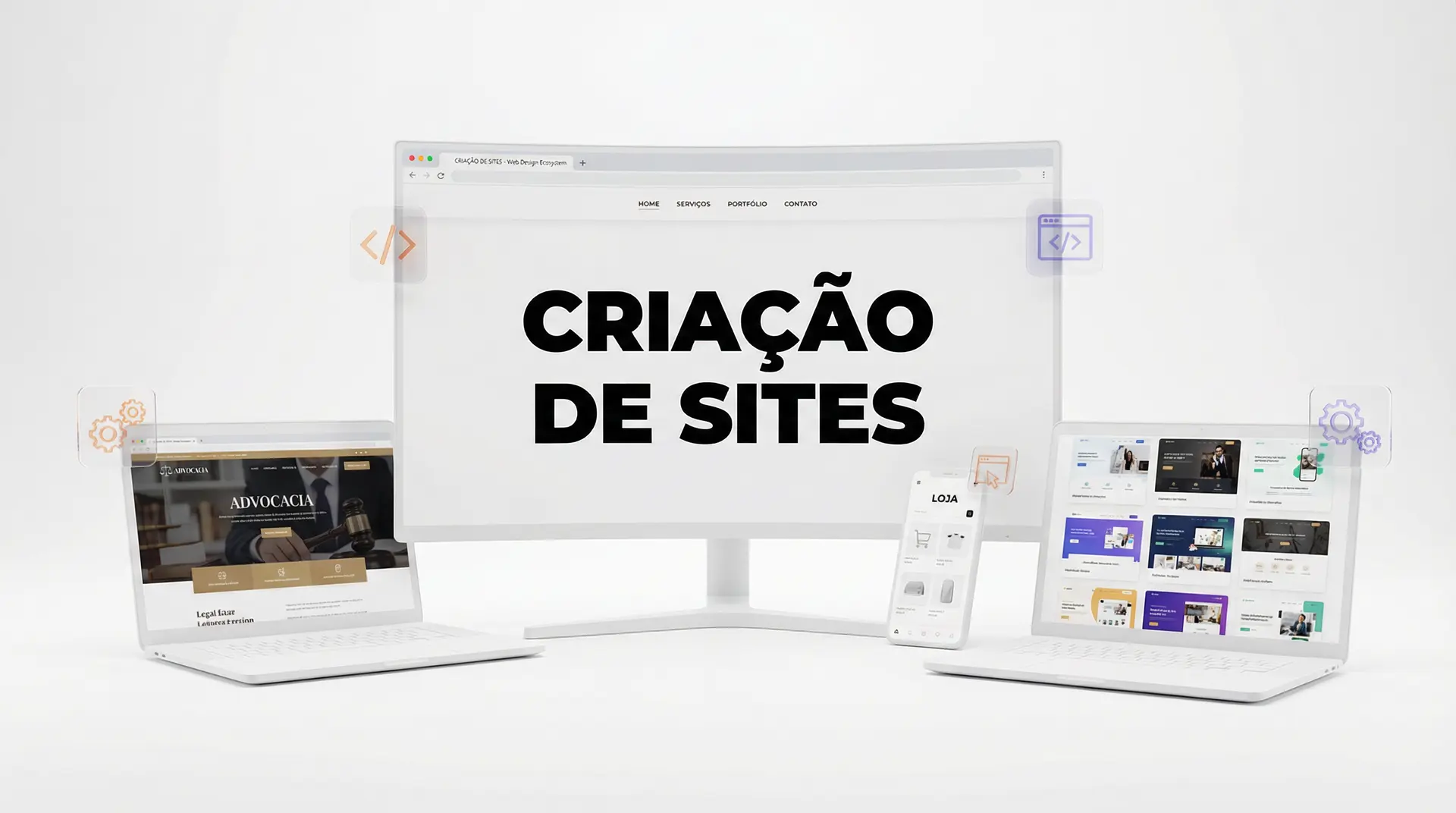 Ecossistema de Design da Agência Colors: Monitor central exibindo 'CRIAÇÃO DE SITES' em destaque. Ao lado, notebook com site de Advocacia, outro notebook com Portfólio de Sites e Smartphone com Loja Virtual.