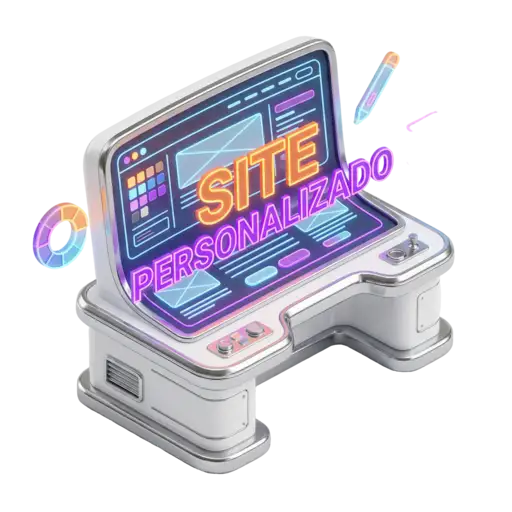 Ilustração 3D isométrica de uma estação criativa futurista branca e prateada. A tela exibe um wireframe de layout de site com o texto "SITE PERSONALIZADO" em neon laranja e roxo. Ícones holográficos de paleta de cores, caneta digital e camadas de UI flutuam ao redor.
