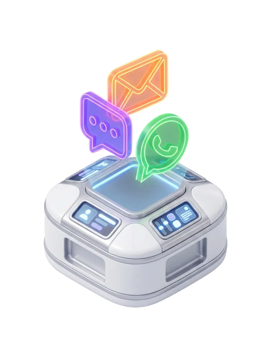 Ilustração 3D isométrico de um console de comunicação futurista branco. Flutuando acima dele estão ícones holográficos em neon: um envelope laranja (e-mail), um balão de fala roxo e o símbolo do WhatsApp em verde, representando os canais de atendimento da agência.