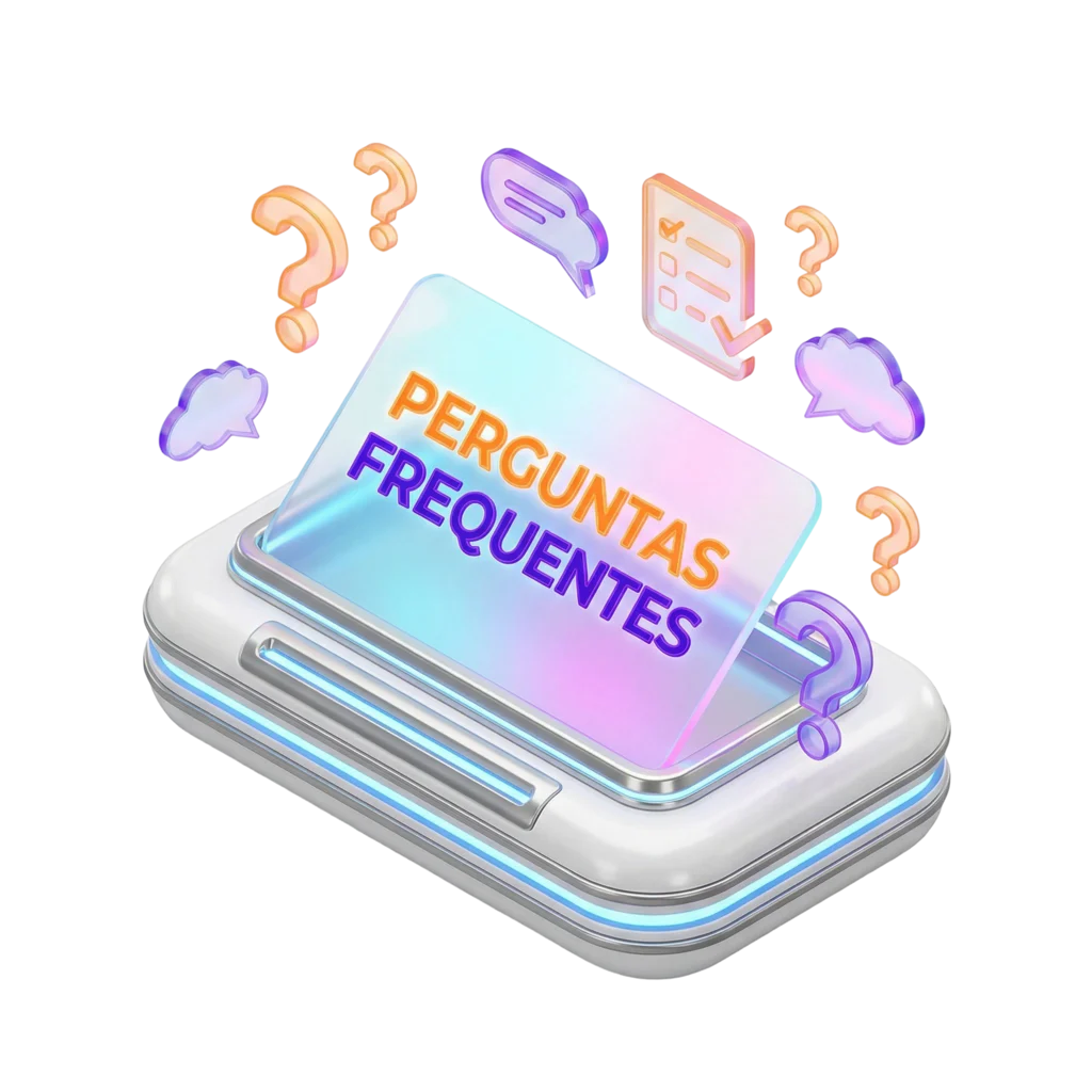Ilustração 3D isométrica de um terminal futurista branco com uma tela holográfica brilhante exibindo "Perguntas Frequentes" em neon laranja e roxo, cercado por ícones flutuantes de interrogação e checklist.