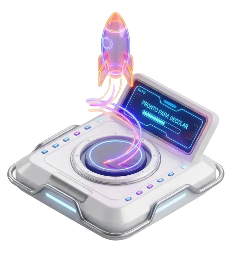 Ilustração 3D de um console de comando futurista com um foguete holográfico decolando em neon laranja e roxo, simbolizando o lançamento de um projeto de sucesso.