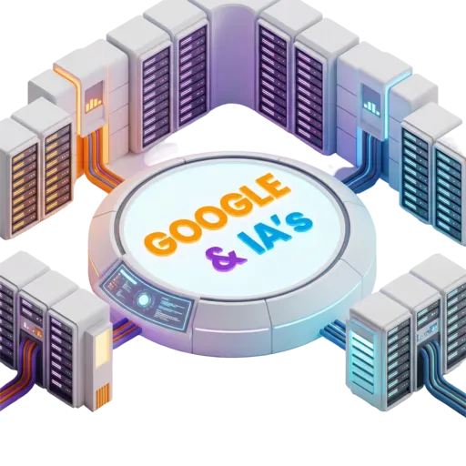 Ilustração 3D isométrica de um datacenter futurista com a escrita "Google & IA's" iluminada no centro, cercada por servidores e conexões de dados, representando a otimização de sites para buscadores e inteligência artificial.