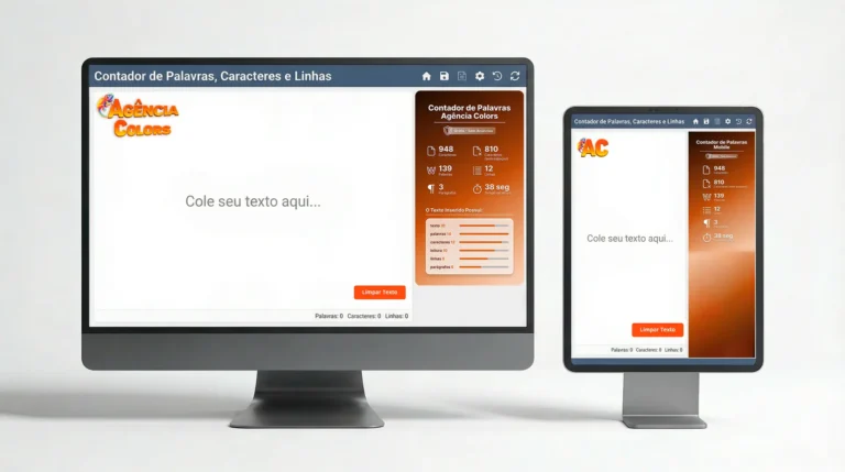 Infográfico vertical com fundo laranja mostrando os resultados de uma ferramenta online de contador de palavras e caracteres. Exibe métricas com ícones brancos para 948 caracteres, 139 palavras, 12 linhas, além de tempo de leitura e densidade de palavras-chave com barras de progresso.