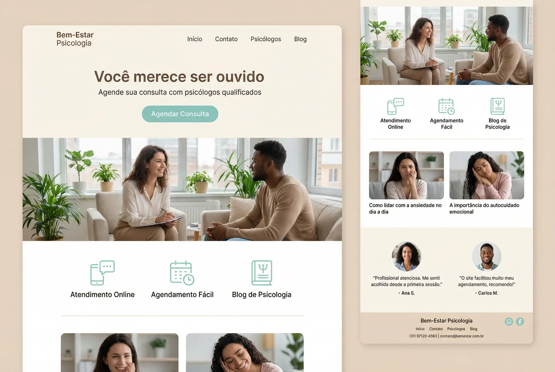Página inicial de site para psicólogos com design profissional, agendamento fácil, blog de psicologia e atendimento online