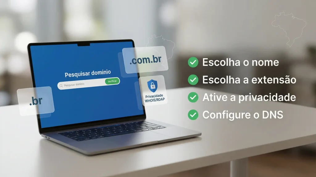 Como comprar um domínio: tela de pesquisa de disponibilidade, extensões .com.br e .br e checklist do passo a passo para registrar