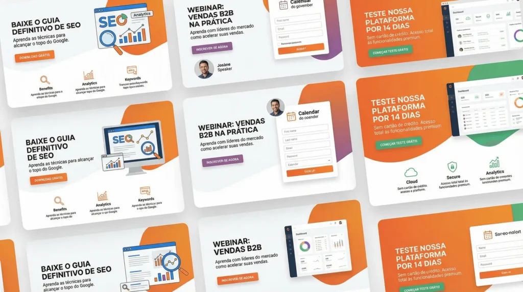 Criação de landing pages com exemplos de layouts: guia, webinar e teste grátis em mosaico de páginas