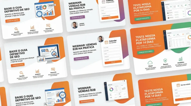 Criação de landing pages com exemplos de layouts: guia, webinar e teste grátis em mosaico de páginas