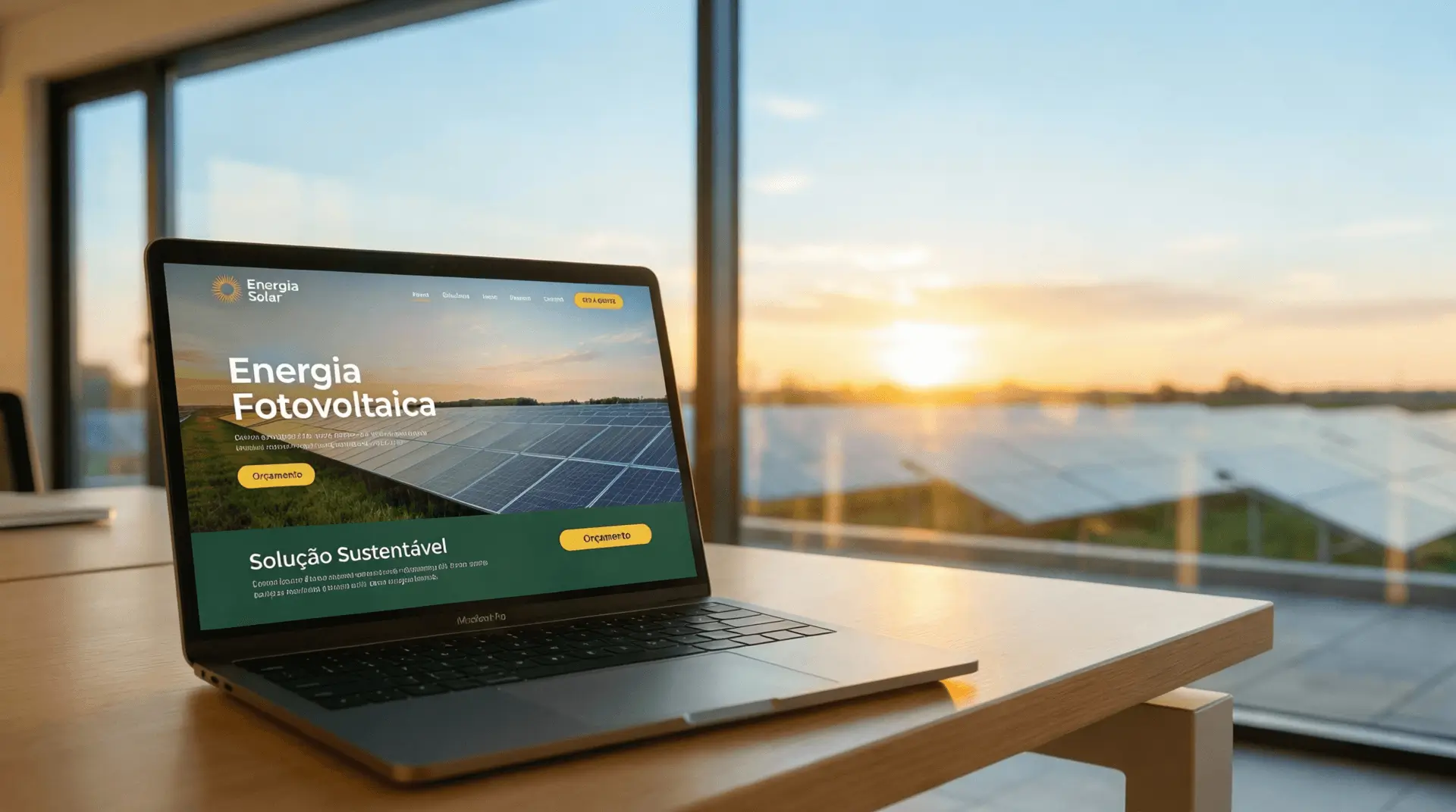 Notebook sobre mesa de escritório exibindo a criação de site para empresa de energia solar com layout moderno e botões de conversão, em referência a criação de site para empresas de energia solar tendo ao fundo uma vista para painéis solares ao pôr do sol.