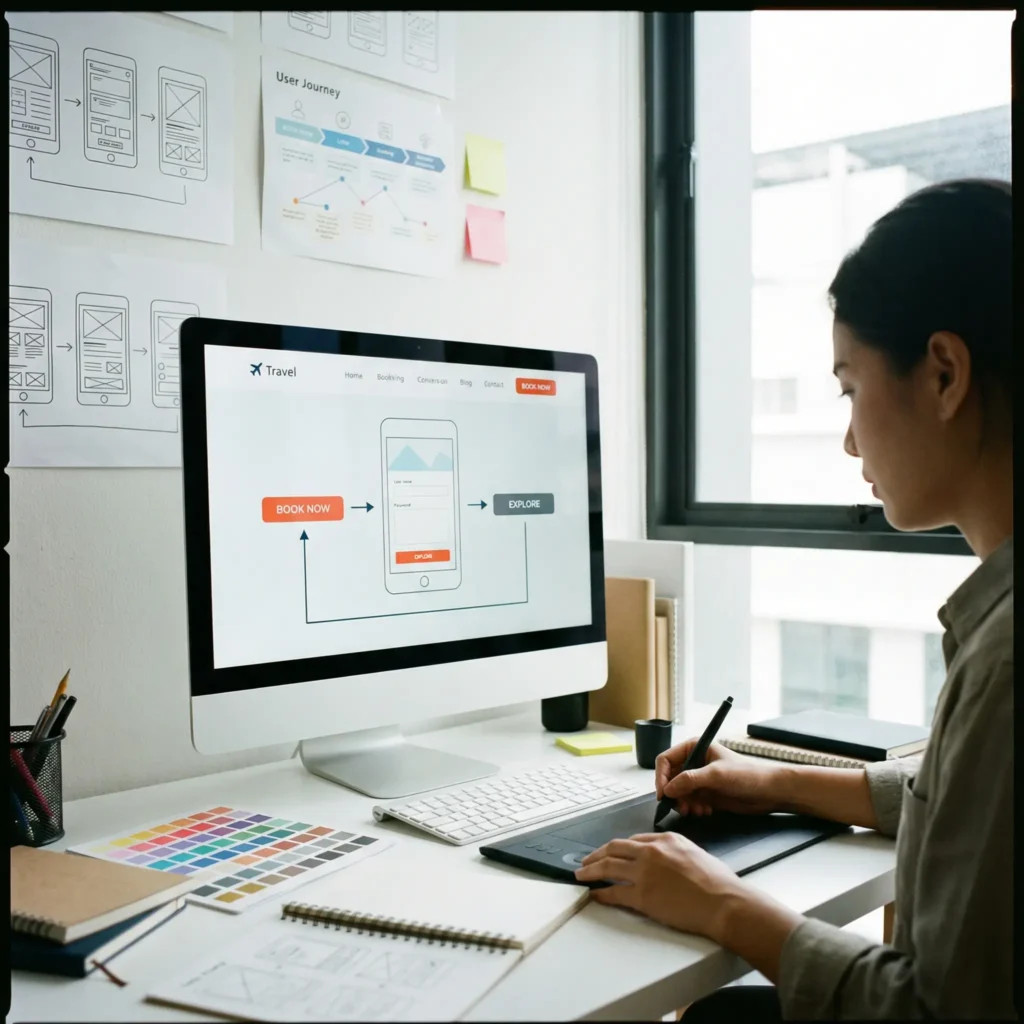 Designer de UX/UI criando protótipo de site com foco em conversão, desenhando botões de chamada para ação (CTA) e fluxo de usuário simplificado em um monitor.