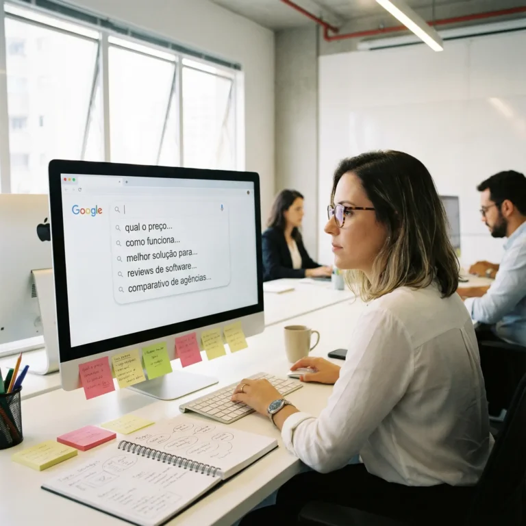 Estrategista de conteúdo em escritório moderno analisando pesquisas de intenção de compra no Google, como "qual o preço" e "como funciona", para planejamento de SEO semântico.