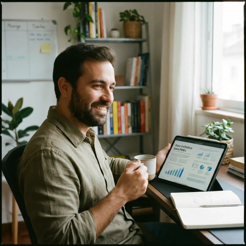 Pequeno empresário em escritório home office sorrindo ao analisar o "Guia Definitivo para PMEs" em um tablet, exibindo gráficos de crescimento e estratégias digitais.