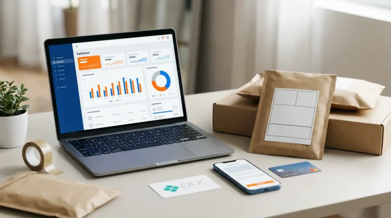 Lojas virtuais como montar com notebook exibindo dashboard de e-commerce, caixas para envio e pagamento via Pix e cartão