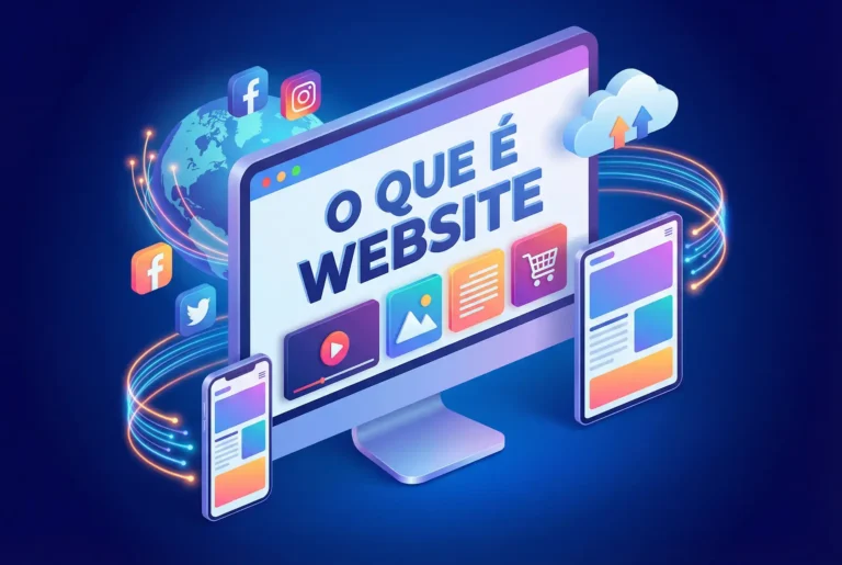 Ilustração 3D moderna exibindo um monitor de computador com o título "O QUE É WEBSITE" em destaque na tela, cercado por ícones de vídeo, imagens, texto e e-commerce, representando os elementos de um site.