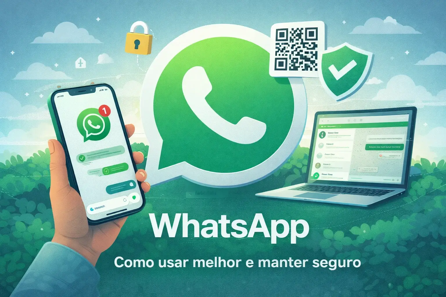 Ilustração do WhatsApp com celular e notebook, destacando uso no computador, QR Code e segurança