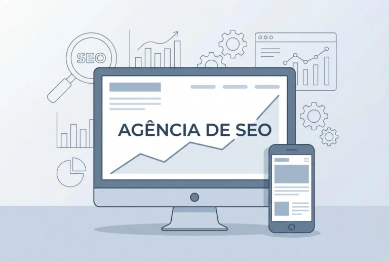 Agência de SEO em ilustração moderna com computador e celular exibindo gráfico de crescimento.